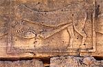 Ein Symbol für Glück geschnitzt an einer Straßenecke in der antiken römischen Stadt Leptis Magna. Das Symbol zeigt eine doppelte Spitze Phallus mit dem Auge von einem Skorpion angegriffen wird. Es kann die Position des ein Bordell bezeichnet haben.
