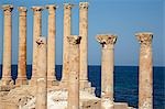 Some of the Corinthian columns of the Temple of Isis,overlooking the Mediterranean,one of the finest temples at Sabratha,Libya.