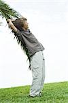 Boy leaning against palm branch, side view