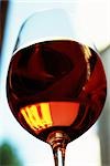 Red wine glass, close-up, low angle view
