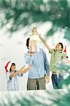 Male holding stack of Christmas gifts, two boys reaching, viewed through Christmas tree branches