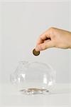 Hand dropping coin into transparent piggy bank