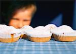 Child looking at cupcakes lined up on table, selective focus