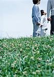 Boys standing on grass with father holding hands, surface level shot
