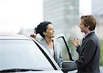 Businessman speaking to woman as she gets into car