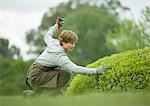 Man doing yard work, inspecting bush