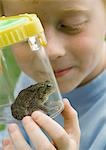 Boy looking at toad in viewing container