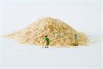 Miniature women sweeping large pile of rice