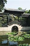 Chinese temple, lily pond and pagoda