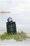 Person holding globe in plastic bag over garbage can, cropped view