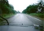 Road through woods, view from car