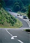 Cars on winding road.