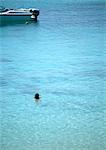 Person swimming in sea near motor boat