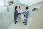 Male real estate agent standing in home interior with young couple, full length, high angle view