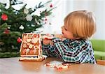 boy decorating gingerbread house