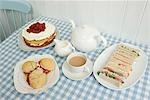 Tea with sandwiches and cakes