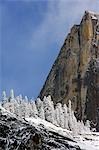 USA, Californie, Yosemite National Park. Neige fraîche tombe sur Cathedral rocher dans la vallée d'Yosemite.