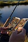UK,Wales,Conwy. A fisherman selects a fly from his fly-box whilst trout fishing in North Wales