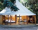 Camp de Zambie, Lower Zambezi National Park, arbre à saucisses. L'hébergement est dans des tentes de pavillon blanc, croustillantes, style propre et minimaliste, avec des meubles en teck et des tissus blancs.