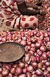 Oignons rouges au marché, Madurai, Tamil Nadu, Inde