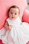 Baby in White Dress Sitting in Chair