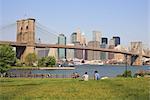 Manhattan and the Brooklyn Bridge from Empire-Fulton Ferry State Park, New York, United States of America, North America