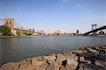 Brooklyn Bridge and Manhattan Bridge spanning the East River, from Empire-Fulton Ferry State Park, Brooklyn, New York City, New York, United States of America, North America