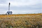 Windmühle und Pumphouse auf verlassenen Bauernhof, Kansas, USA