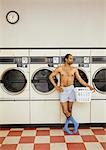 Partially Dressed Man in Laundromat