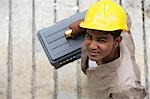 Top view of man wearing construction hat