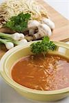 Close-up of chicken noodle soup in a bowl