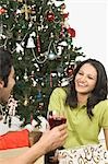 Couple drinking red wine in front of a Christmas tree and smiling
