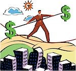 Businessman walking on a tightrope with a pole with dollar signs on ends