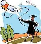 Female graduate catching a diploma with a lasso