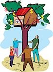 Four people standing around a home on a tree