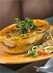 Close-up of lasagna served in a bowl