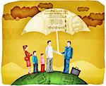 Illustration of Family with Sales Representative Standing Under Umbrella