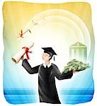 University student holding diploma and money