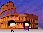 Boy and a girl standing in front of an amphitheater, Coliseum, Rome, Italy