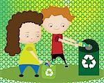 Boy and a girl throwing plastic bottles in recycling bin