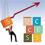 Illustrative representation of a businessman building the word 'SUCCESS' with boxes