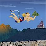 Lord Hanuman flying with Dronagiri mountain