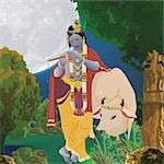 Lord Krishna playing flute with holy cow in a forest