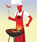 Super héros dans les blancs du chef, préparation des aliments sur un barbecue