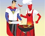 Super hero in chef's whites preparing food on a barbecue for his partner