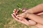 Woman with her daughter holding a plant