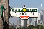 Little Italy Street Sign with City Skyline, Toronto, Ontario, Canada