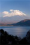 Mount Fuji, 3776m, viewed across Mototsu-Ko, one of the lakes in the Fuji Go-ko (Fuji Five Lakes) region, Honshu, Japan, Asia