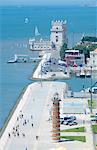 Aerial view of Belem Tower, UNESCO World Heritage Site, Belem, Lisbon, Portugal, Europe