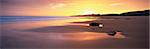 View along Embleton Bay at sunrise, with silhouette of Dunstanburgh Castle in the distance, near Alwick, Northumberland, England, United Kingdom, Europe